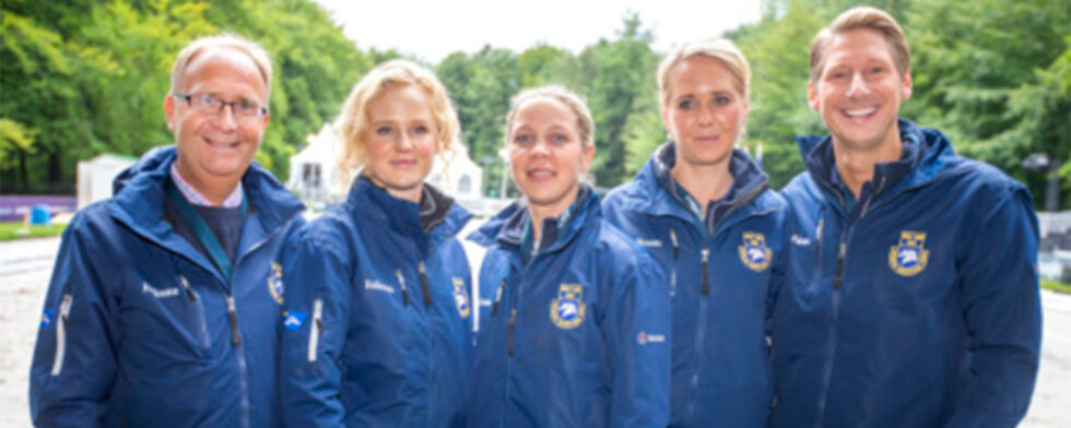 Hela svenska landslaget i dressyr är på plats i Hagen i helgen – Juliette Ramel, Therese Nilshagen, Antonia Ramel och Patrik Kittel. Foto: Roland Thunholm